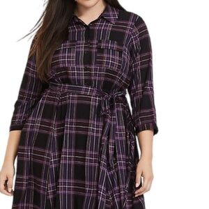 Torrid black and purple plaid print challis dress size 1-1X/14-16